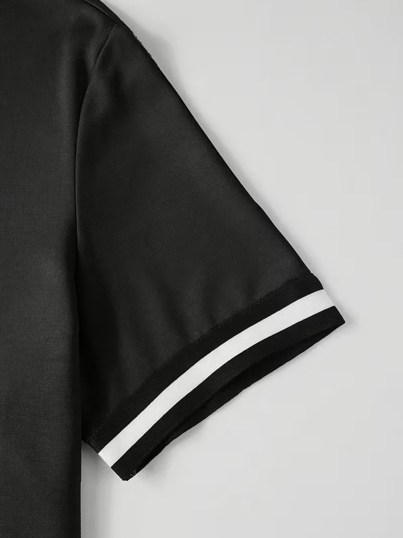 Men’s Casual Summer Tee – Short Sleeve Knit Top with Contrast Striped Hem & Drawstring, Loose Fit, Round Neck, Black with White Trim