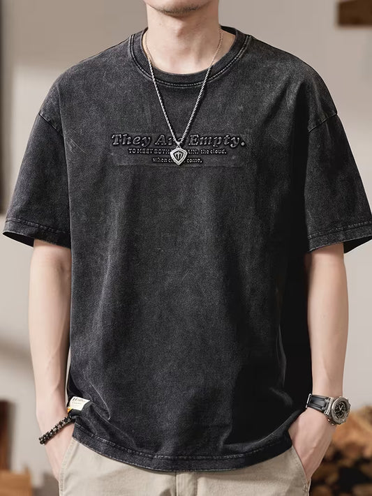 Men’s Oversized Vintage-Wash Tee – 3D Letter Graphic Short Sleeve Streetwear Shirt, Black Relaxed Fit Round Neck Summer Top