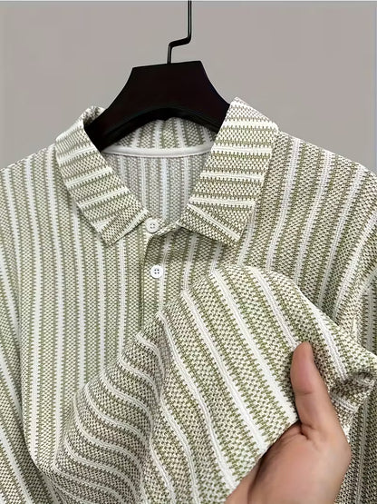 Men’s Breathable Vertical Stripe Shirt – Mint Green & White Lightweight Button-Up with Contrast Collar for Office, Travel & Casual Summer Wear