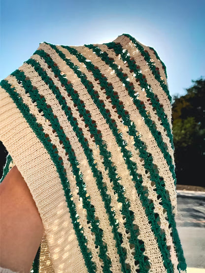 Men’s Summer Striped Polo Shirt – Green & White, Lightweight Knit, Loose Fit for Casual and Outdoor Activities